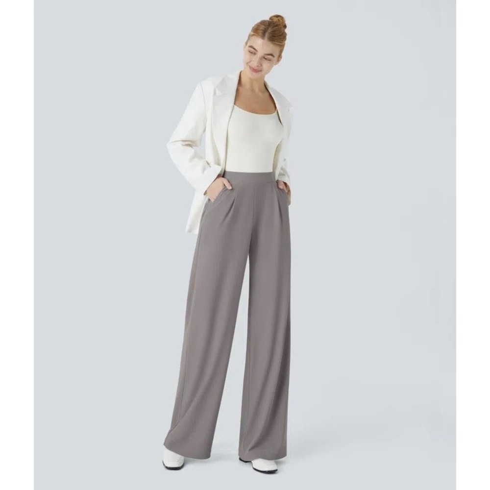 Halara Flex High Waisted Body Sculpt Wide Leg Pleated Trousers Pants S Pockets